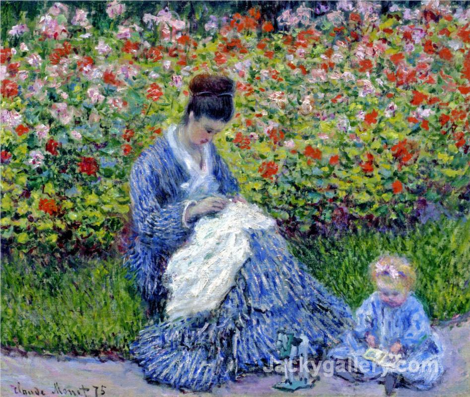 Camille Monet and a Child in the Artists Garden in Argenteuil by Claude Monet paintings reproduction